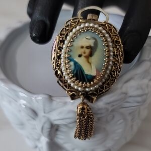 Vintage Gold Filigree Necklace and Pearl Victorian Charlo Cameo Pendent Watch